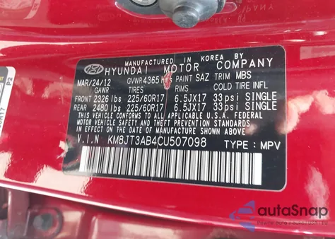 2012 Hyundai Tucson Gl z USA, uszkodzony, nr VIN KM8JT3AB4CU507098